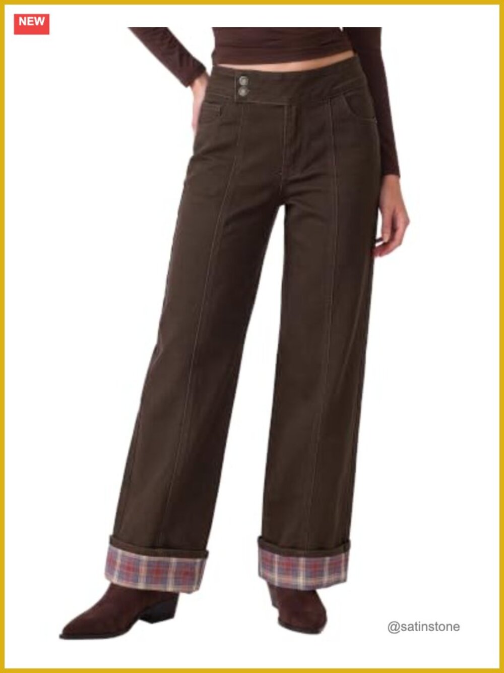 High Rise Wide Leg Jeans Plaid Cuffed Hem Denim Pants Stretch